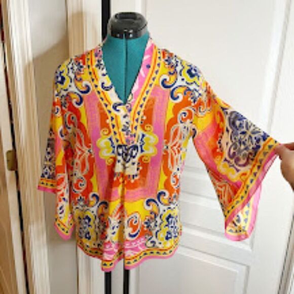 Carmen Marc Valvo Sheer See Thru Lightweight Kimono Paisley Boho Colorful Blouse - Picture 5 of 11